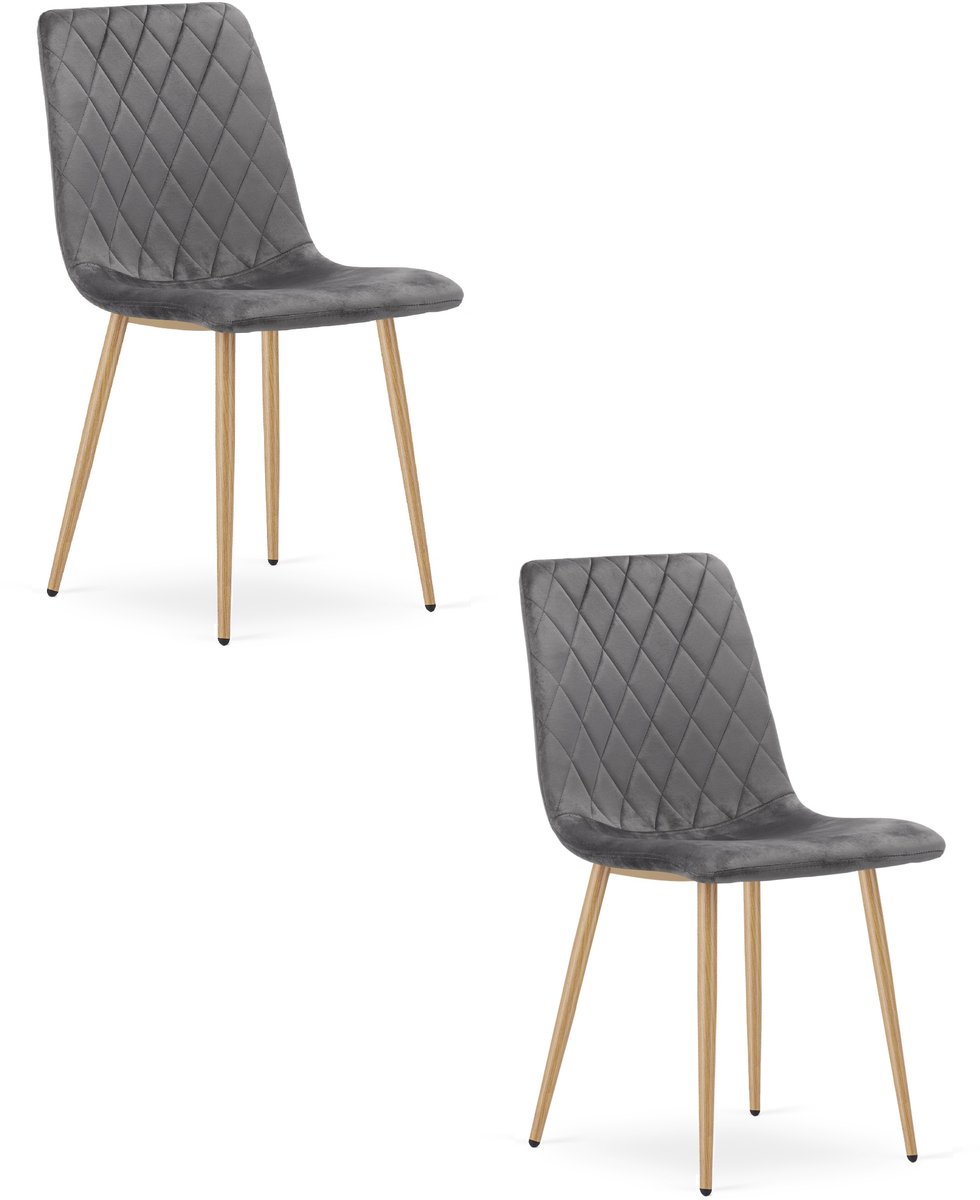 LEOBERT Set van 2 eetkamerstoelen TURIN - Donkergrijs fluweel - Eikenlook poten - Modern design