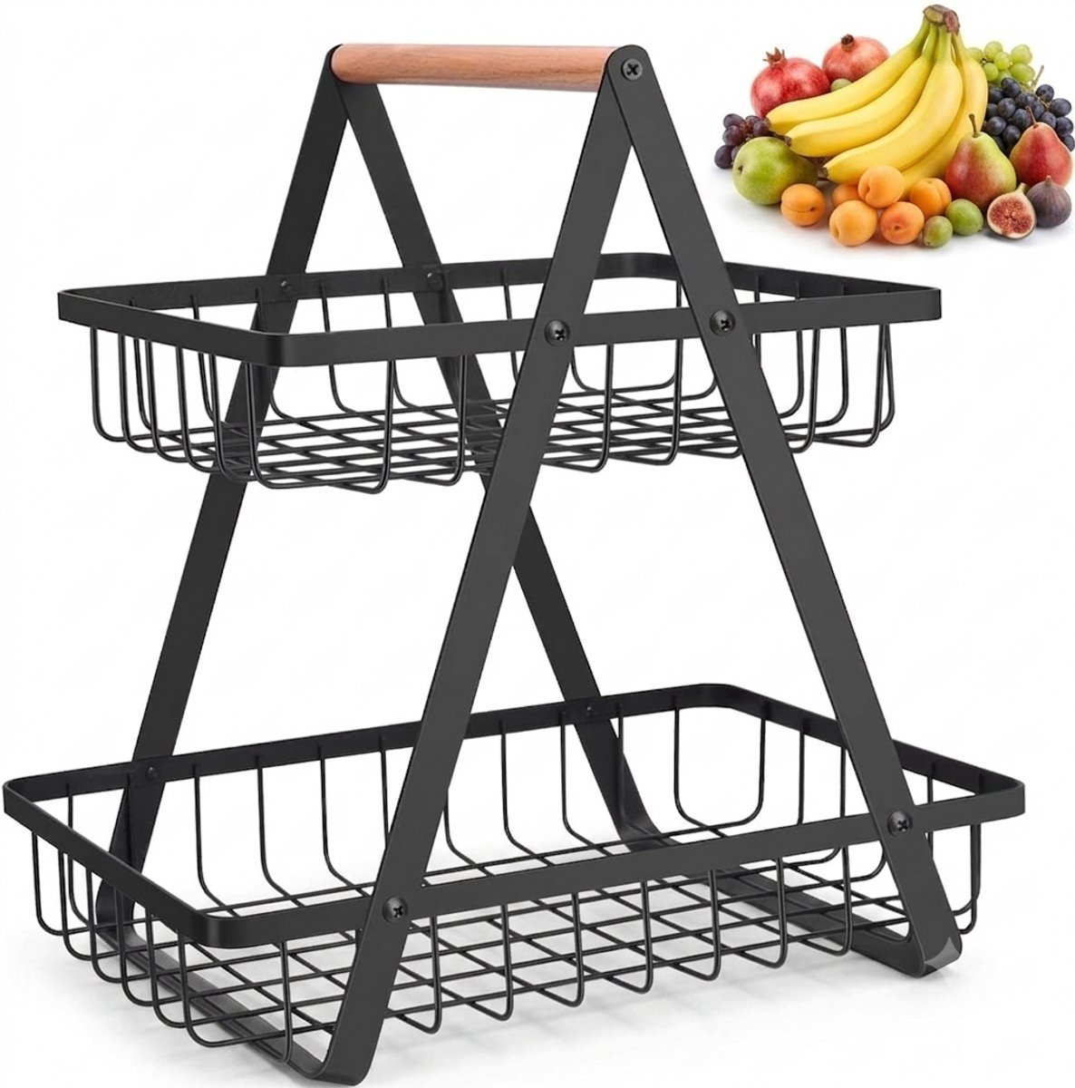 Livatto 2-verdiepingen fruitmand etagère, afneembaar, zwart metaal, fruitschaal voor brood groenten snacks, hoekrek staand opbergen keuken