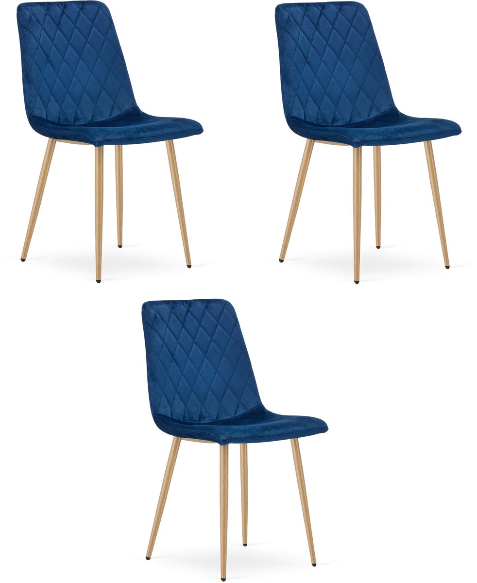 LEOBERT Set van 3 eetkamerstoelen TURIN - Donkerblauw fluweel - Eikenlook poten - Modern design