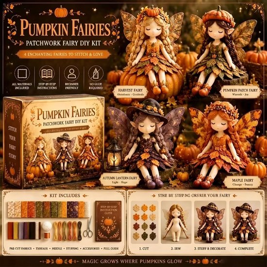 Kraftverdia 3D Fairy Patchwork DIY Kit – Fabric Craft Set with 4 Adorable Flower Fairy Designs, Handmade Sewing Project | Creative Fairy Themed DIY Set for Adults, Beginners, Craft Lovers & Friends – Pompoenfee – Zonder Geschenkverpakking