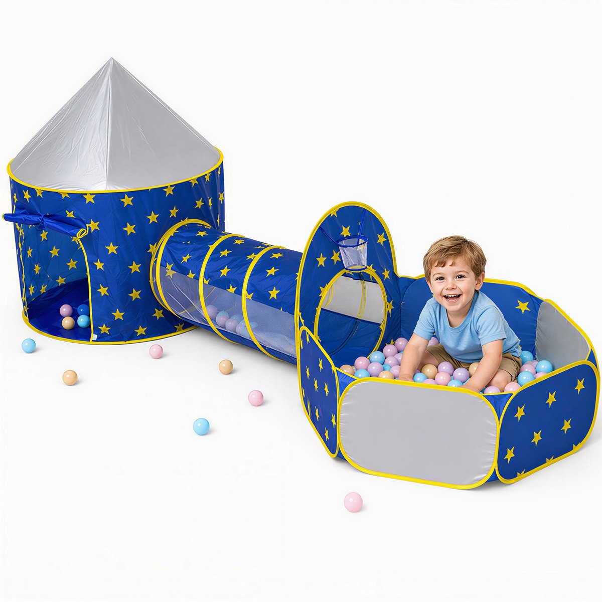 Lemlit Kinderspeeltent Speeltent 3-in-1 met Ballenbak en Speeltunnel - Pop-up Speelhuis voor Binnen en Buiten - 295 x 130 cm - Blauw - Kindercadeau