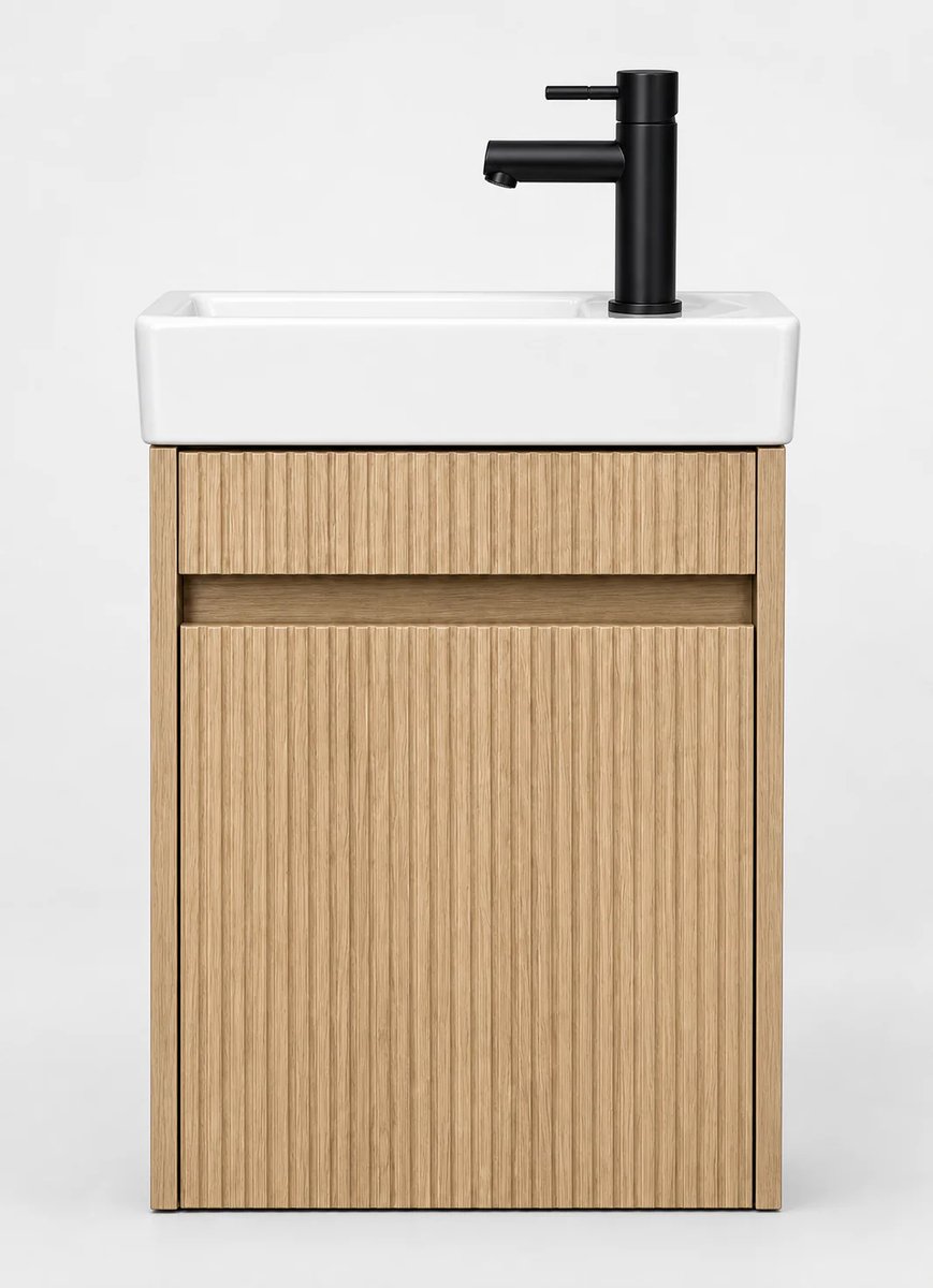 Zimmer Toiletmeubelset Eikgrijs Geribbeld 40 cm | Inclusief Zwarte Kraan, Sifon & Pop-up Waste | Keramische Wastafel | Wandhangend Fonteinmeubel | 40 x 22,5 x 63 cm