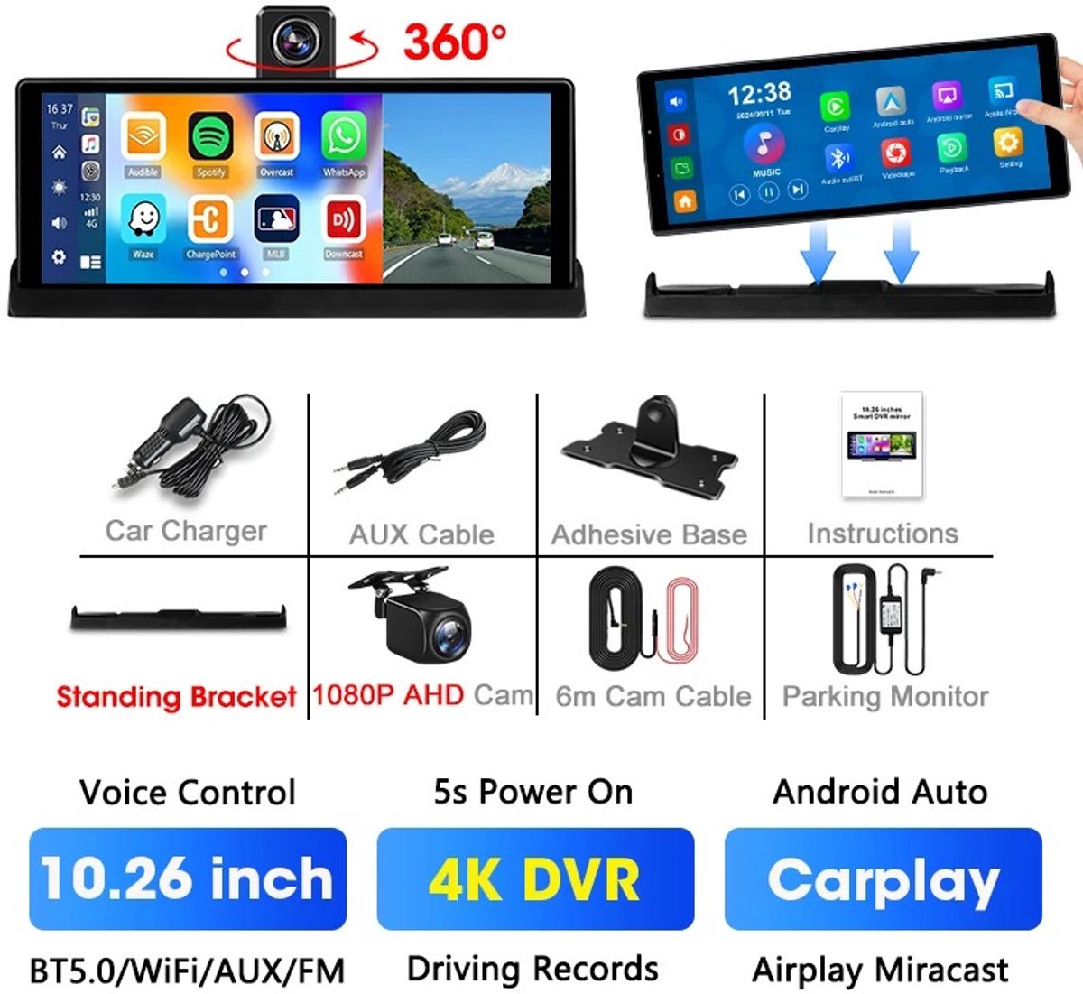 NordHaus Draadloze CarPlay Dashcam - Android Auto Navigatiescherm - 4K Auto DVR - 360° Draaibare Camera - 26,06 cm IPS Touchscreen - GPS - 4K DVR-Power Box