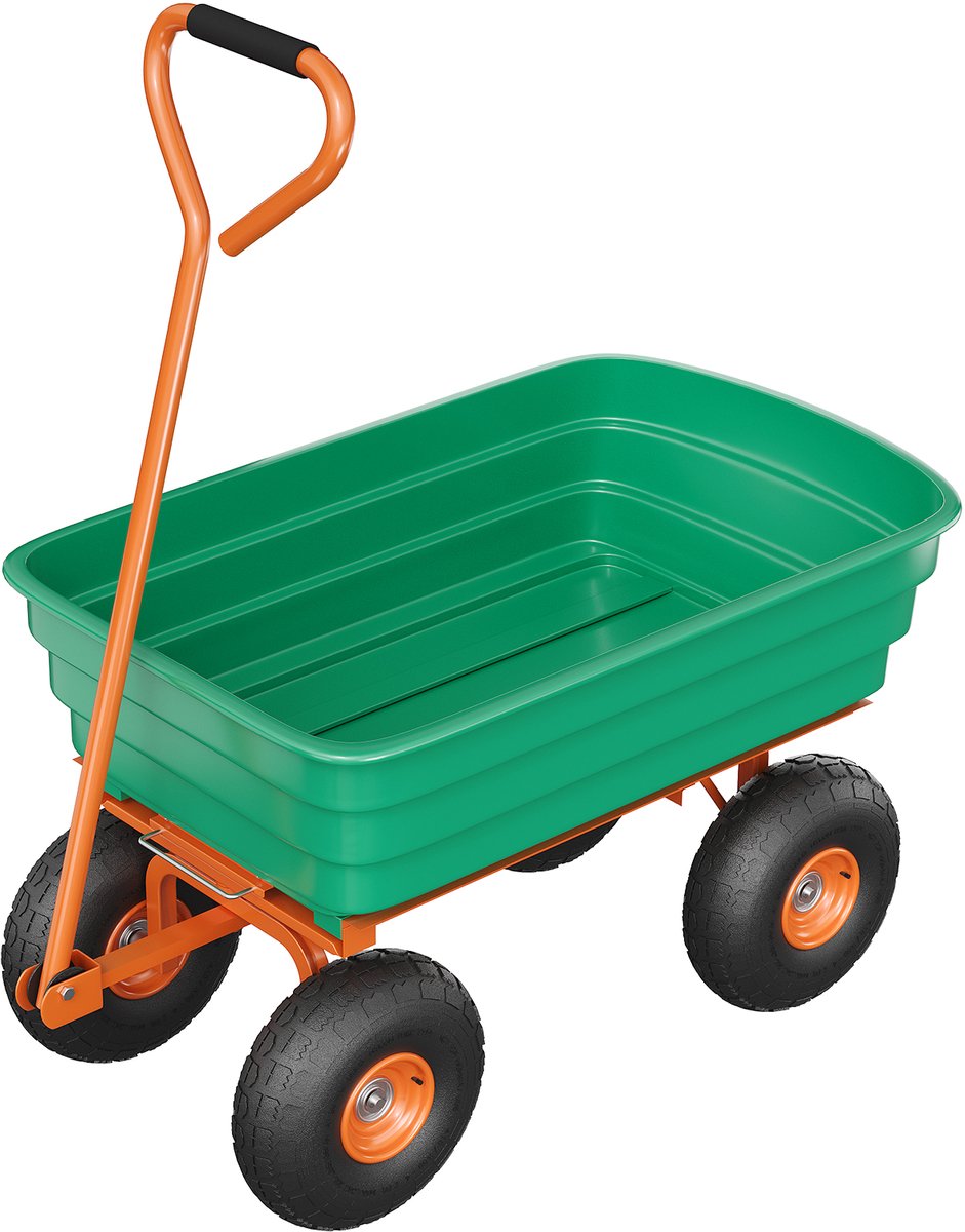 Tuinkar Met Kantelfunctie - 4 Wielen - Poly Tuinwagen - Voor Grond Bladeren En Tuingereedschap - Inhoud 125 liter - Groen + Oranje