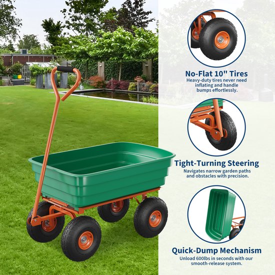 Tuinkar Met Kantelfunctie - 4 Wielen - Poly Tuinwagen - Voor Grond Bladeren En Tuingereedschap - Inhoud 125 liter - Groen + Oranje — afbeelding 3