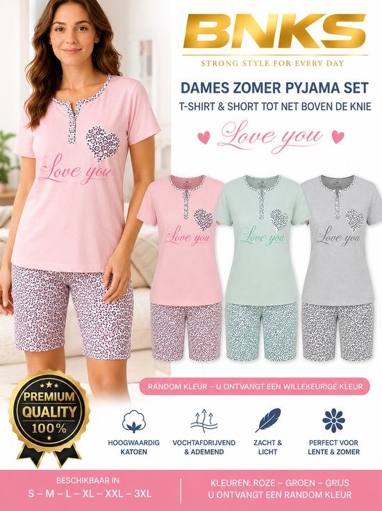 Ensemble Pyjama d'Été Femme – T-shirt & Short Juste au-dessus du Genou – 100% Coton – Évacuation de l'Humidité – Rose, Vert ou Gris (Couleur Aléatoire)