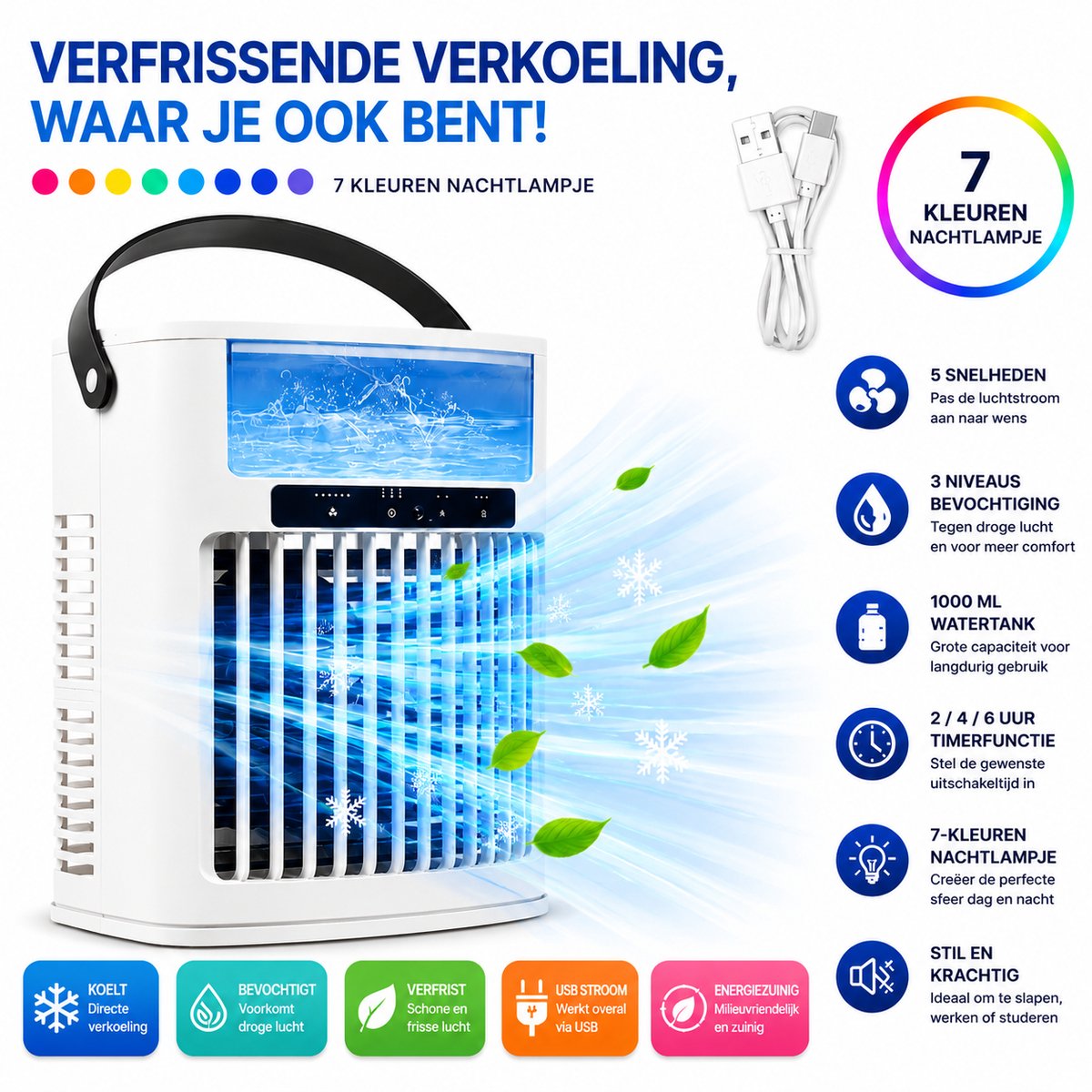 HomeGoodies - Airco - Aircooler - Mini airconditioner - Draagbaar - 7 Kleuren Nachtlamp - Voor Slaapkamer, Kantoor & Camper
