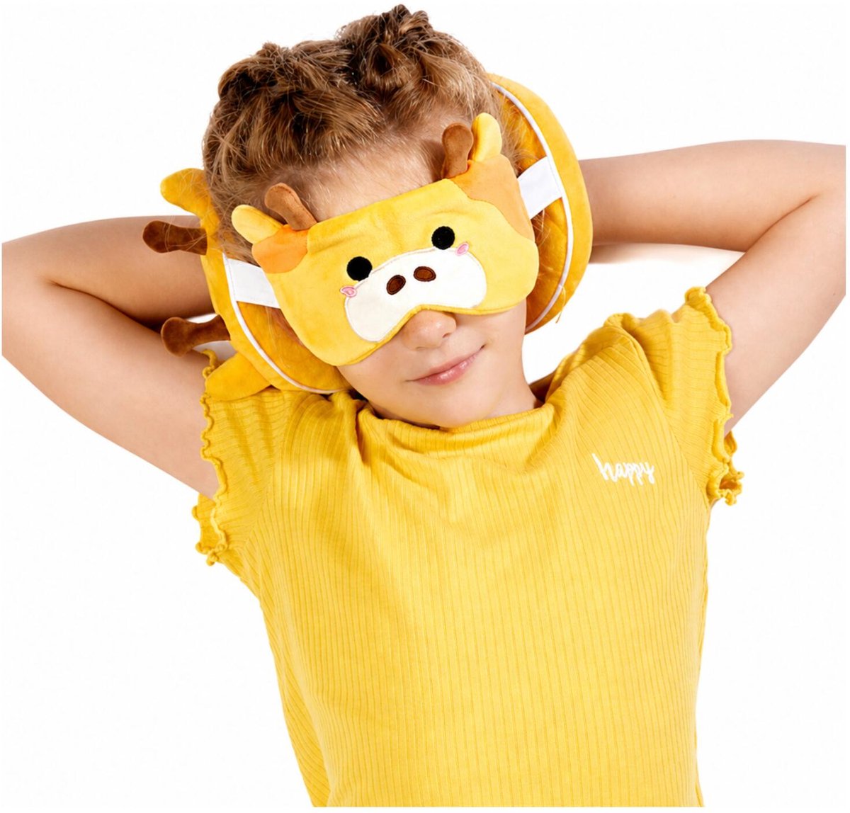 Bol.com Relaxeazzz Relaxeazzz Reis set - Giraffe knuffel / reiskussen / slaapmasker - voor kinderen - in vliegtuig of auto aanbieding