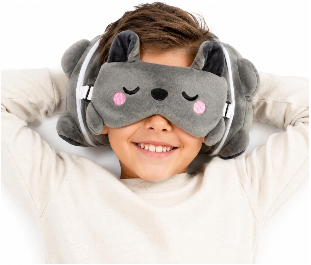 Relaxeazzz Relaxeazzz Reis set - Vleermuis knuffel / reiskussen / slaapmasker - voor kinderen - in vliegtuig of auto