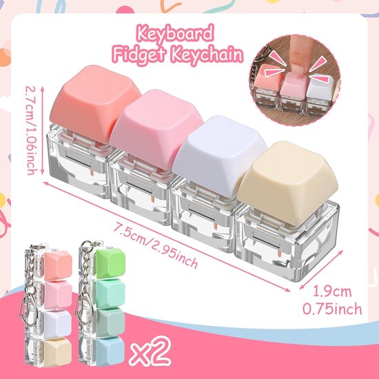 Close-up van vier gestapelde toetsenbord-fidgets in pastelroze, roze, wit en crème. Afmetingen worden aangegeven. Twee sleutelhangers met stapels van vier fidgets in verschillende kleuren.