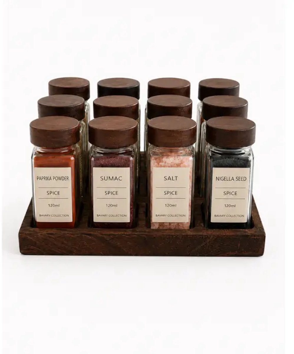 Kruidenrek Space – 12 glazen kruidenpotjes 120 ml – acaciahout deksels en standaard