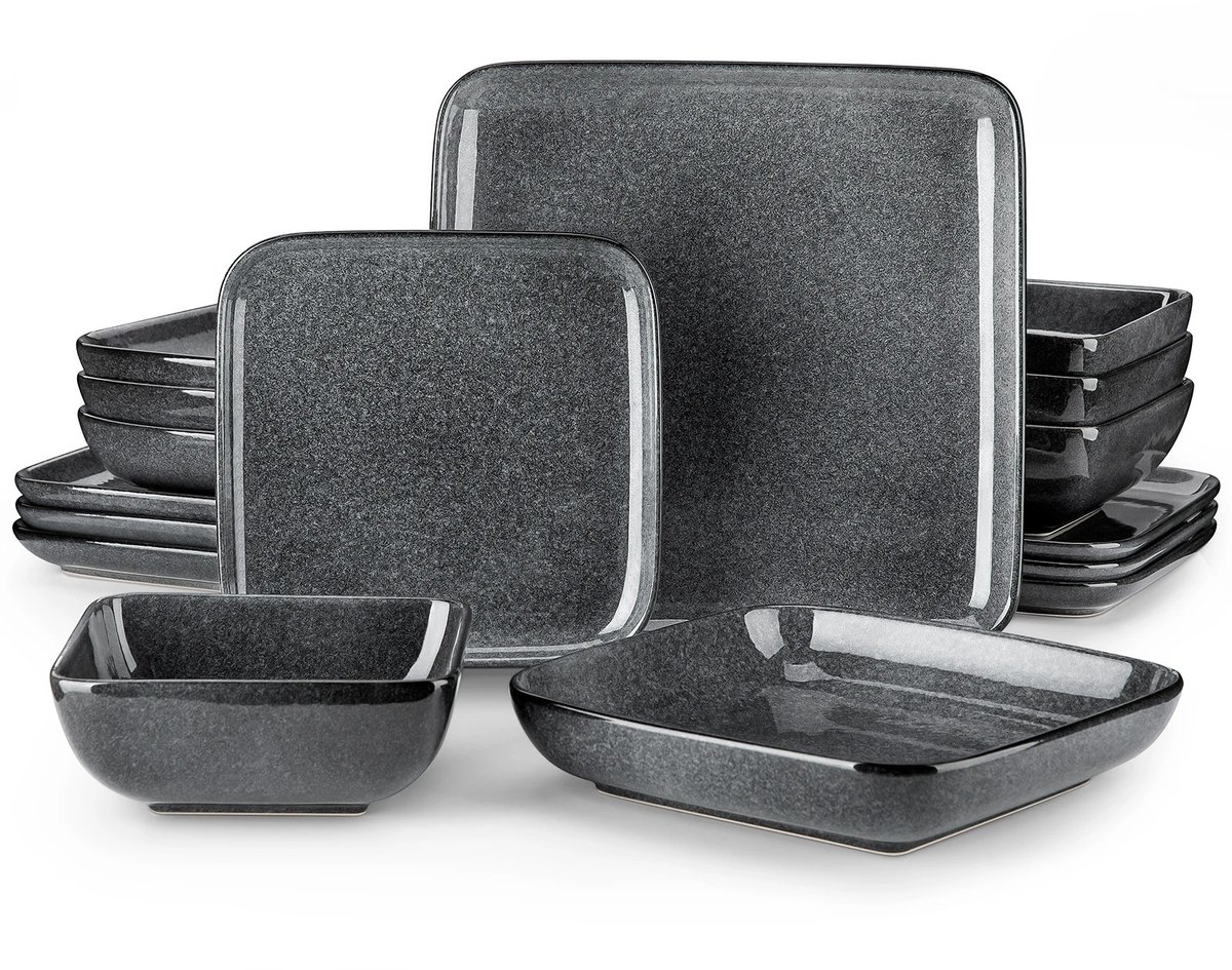 Home & Beyond® 16-delige Vierkante Serviesset – Grijs Reactief Glazuur – Porselein – Servies voor 4 Personen – Vaatwasser- & Magnetronbestendig