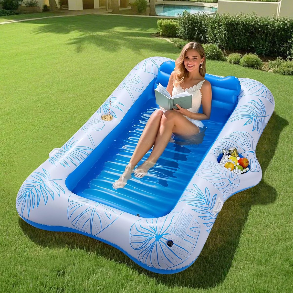 Opblaasbaar Zwembad Ligbed 210 x 128 cm - Pool Float met Hoofdsteun, Bekerhouder en IJsbar - Luxe Luchtbed voor Volwassenen tot 136 kg - Voor Zwembad, Strand, Tuin en Poolparty
