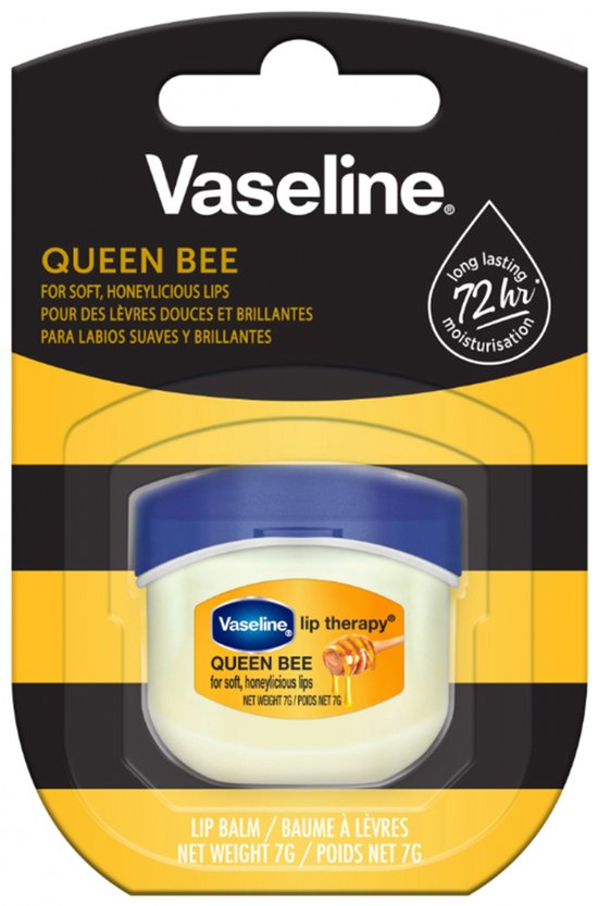Vaseline Lip Therapy potje, limited edition Queen Bee, in verpakking met gele en zwarte strepen.