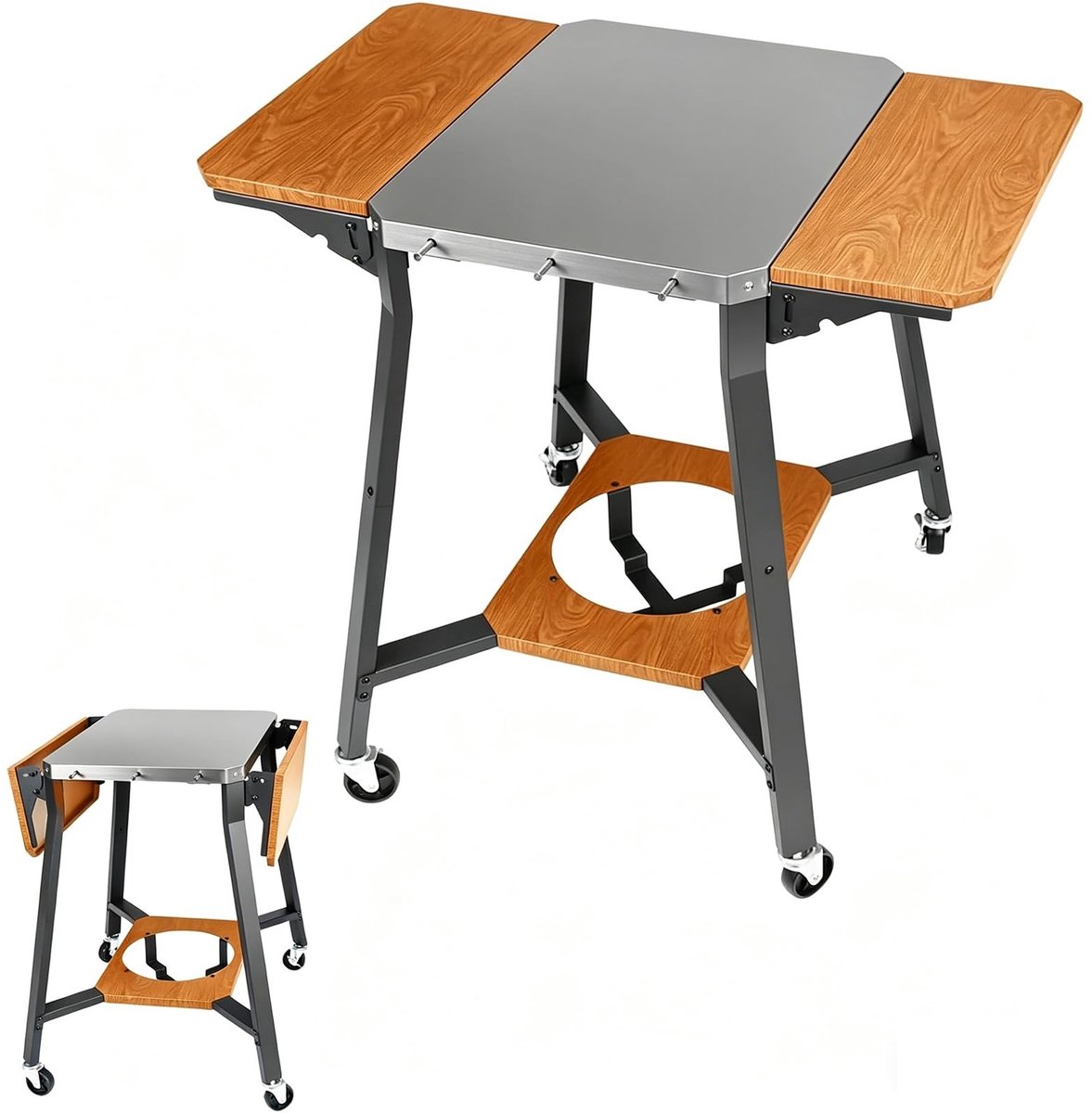 Dailygoods - Grillwagen met Roestvrijstalen Werkblad en Inklapbare Zijplanken, Mobiele BBQ-wagen