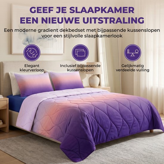 Een modern slaapkamerinterieur met een bed, opgemaakt met een paars, roze en oranje gradiënt dekbed en kussenslopen.