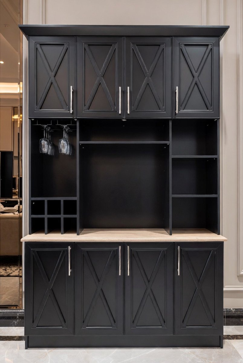 Keukenkast 106 x 180 cm (b x h), buffetkast, zwart, dressoir met 6 deuren, afneembare flessenhouder en afneembare glashouder, voorraadkast voor keuken, woonkamer, eetkamer-Medahomestore