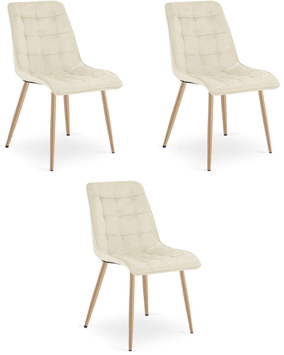 Set van 3 eetkamerstoelen SPLIT - Lichtbeige fluweel - Eikenlook poten - Modern design