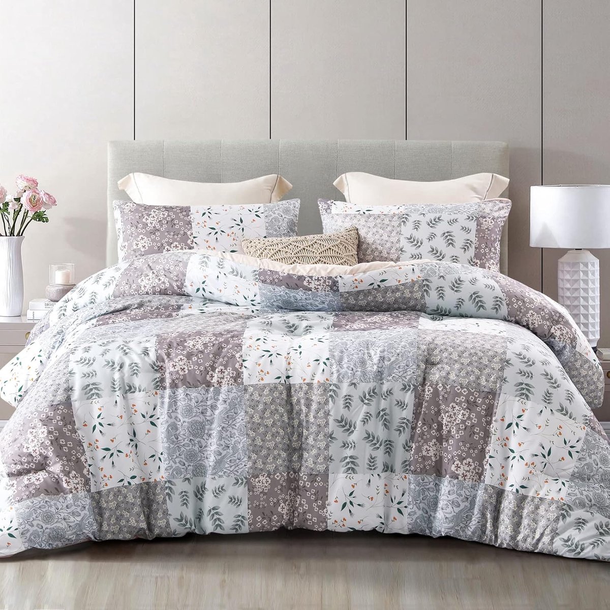 Famanu – Dekbed, 220 x 230 cm, ademend en zacht, met 2 kussenslopen, grijze ruit