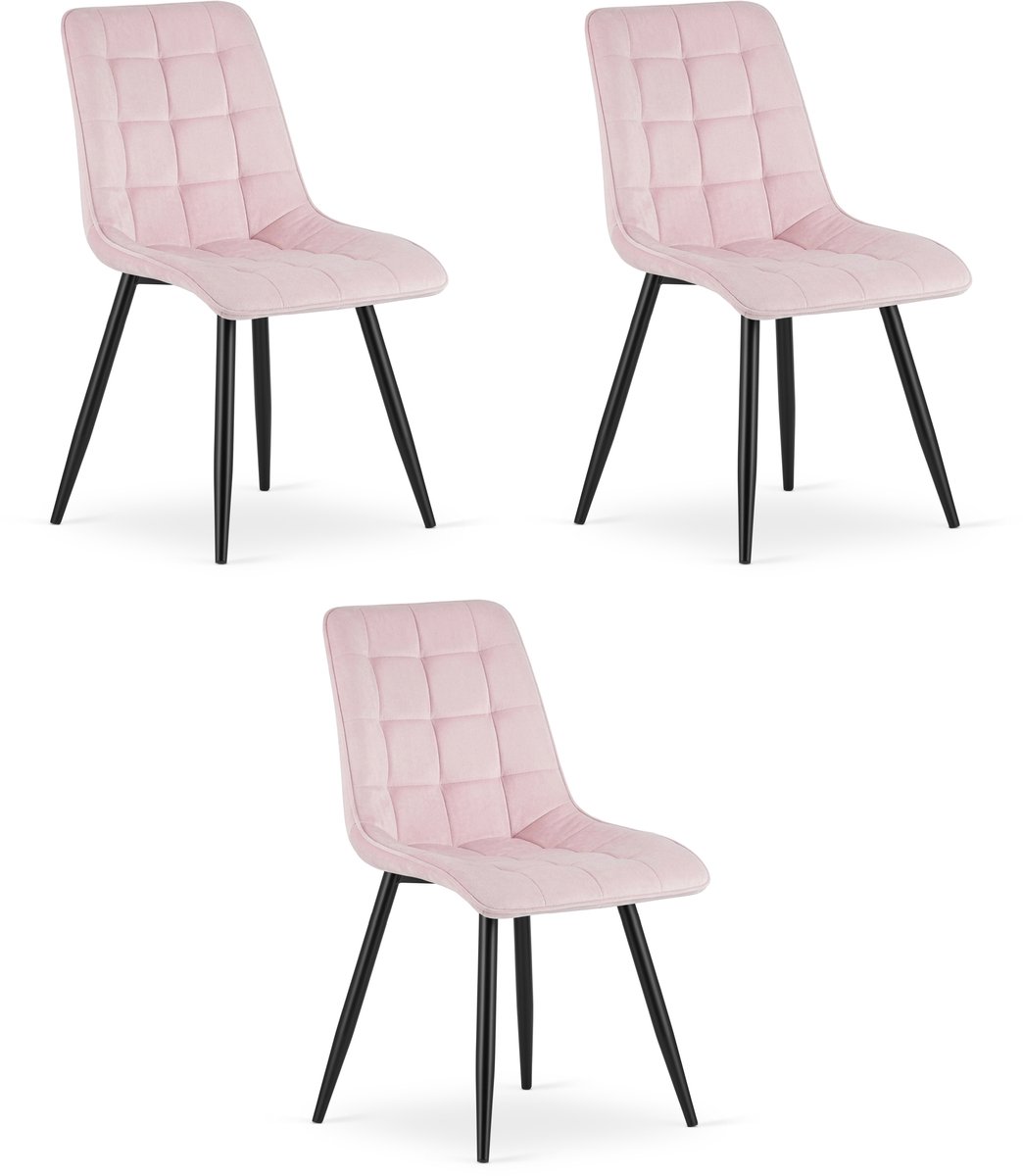 Set van 3 eetkamerstoelen SPLIT - Lichtroze fluweel - Zwarte metalen poten - Modern design