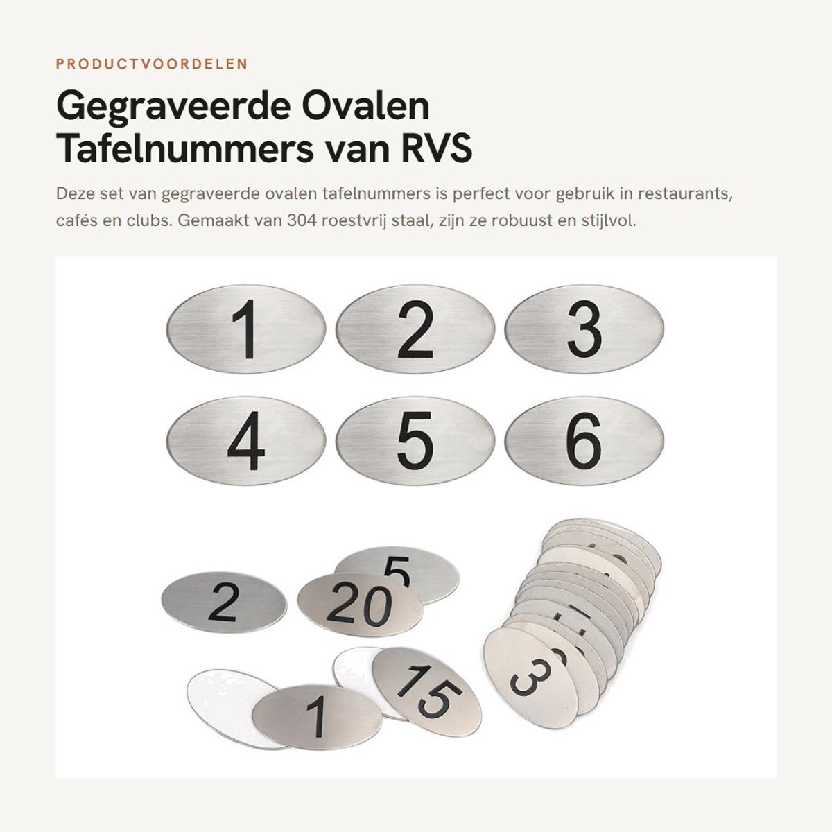 Dailygoods- Tafelnummer Gegraveerd - 20 Stuks - Ovalen Labels - Roestvrij Staal - Dubbelzijdig Plakband - Ideaal voor Restaurants - Tafelnummering