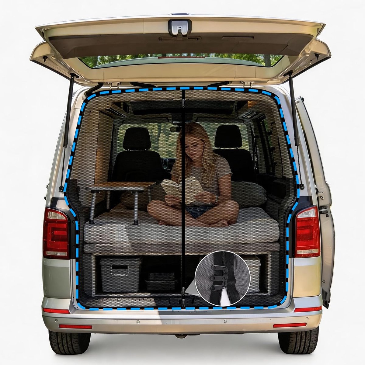 PromoHome Magnetisch muggennet voor VW T5 T6 achterklep – insectenbescherming en zonwering, 3-weg ritssluiting, snelle montage, vliegengaas, achterdeur, camping