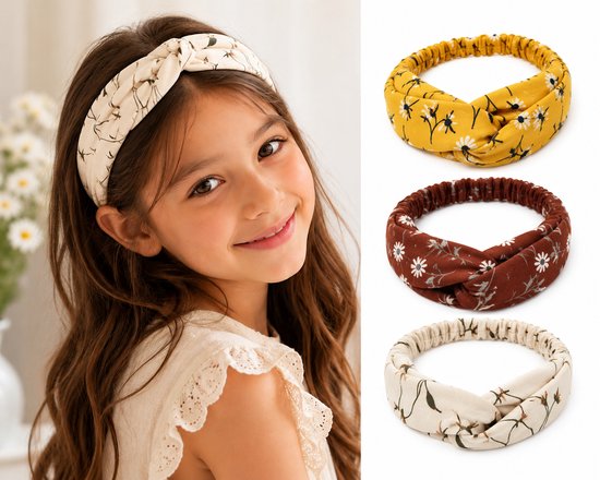 Set van 3 Gebloemde Lente Haarbanden voor Meisjes – Geel, Bruin & Crème – 8-12 Jaar – Bloemenprint