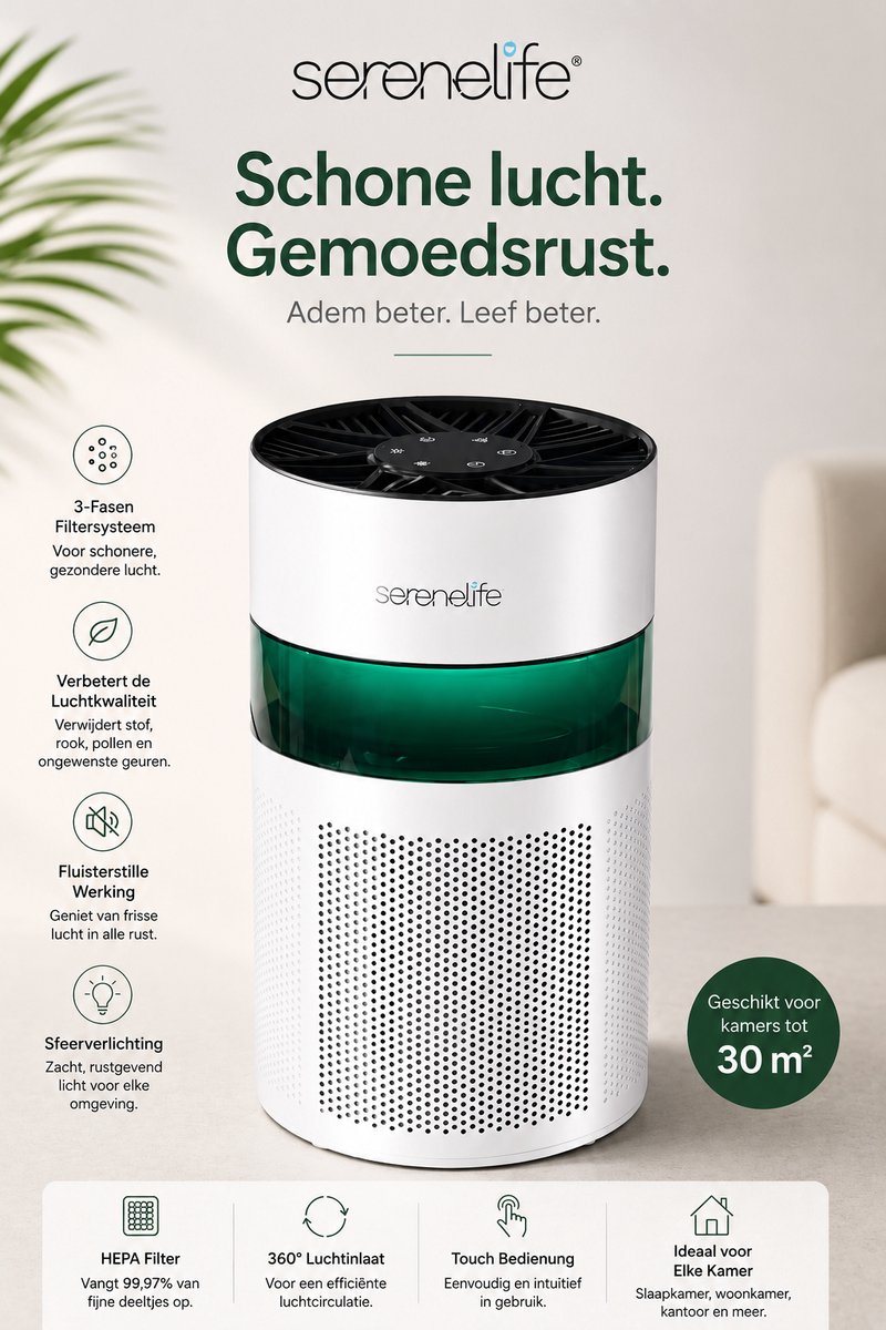 SereneLife Luchtreiniger met HEPA-filter – Compacte Air Purifier voor Slaapkamer, Woonkamer & Kantoor – Fluisterstil, Aromavakje, LED-verlichting, Timer, Wit