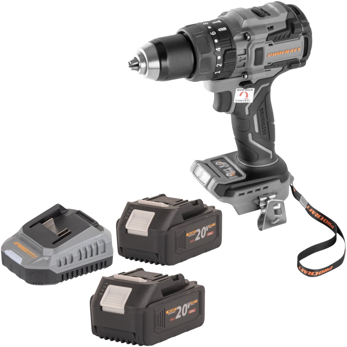 Procraft Industrial CD20B-BB accuboormachine 20 V 150 Nm borstelloos + 2x accu 4,0 Ah + oplader