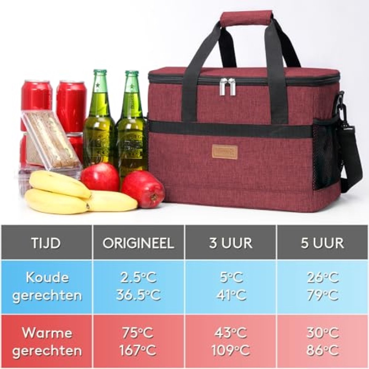 ModernStore Grote Koeltas 20L - Draagbare Koelbox voor Boodschappen, Picknick, Camping, Strand, Opvouwbaar - Bordeaux
