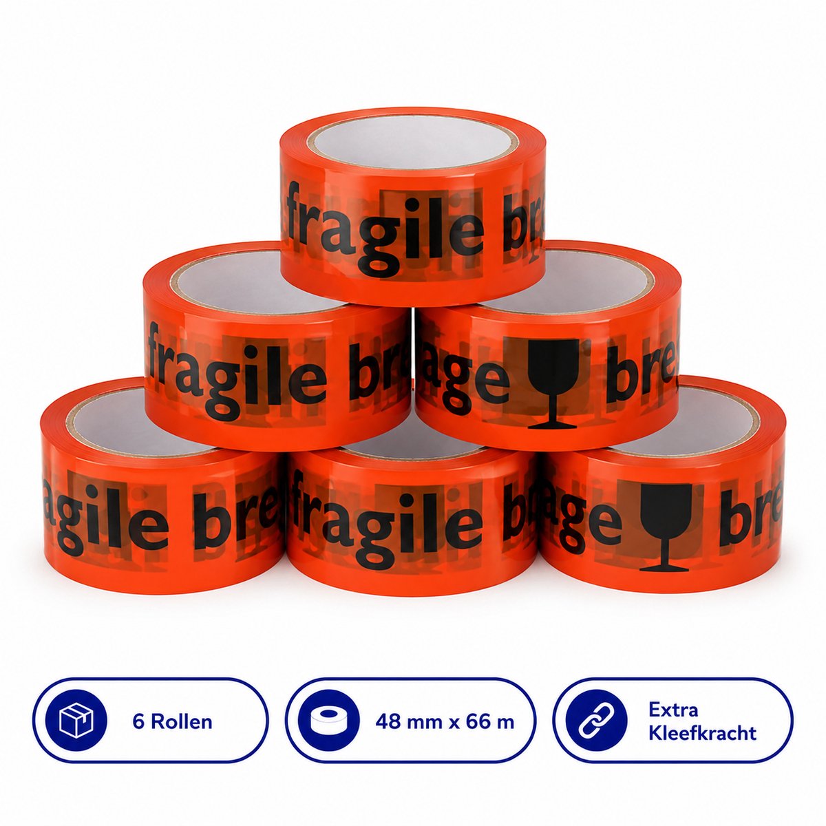 Propacker Breekbaar Tape Oranje - 6 Rollen - 48 mm x 66 m - Waarschuwingstape 'BREEKBAAR / FRAGILE' - Verpakkingstape voor Kwetsbare Pakketten