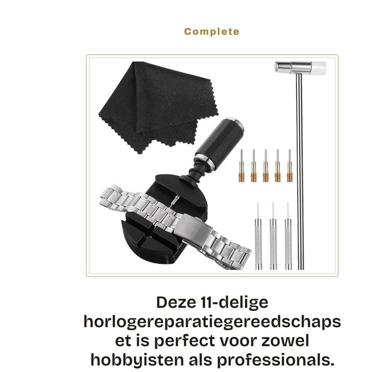 Dailygoods- Horlogereparatiegereedschapset 11 Stuks - Bandverwijderaar - Hamer - Naden/Regelaars - Compact - Zwart Metaal/Kunststof - Horlogegereedschap
