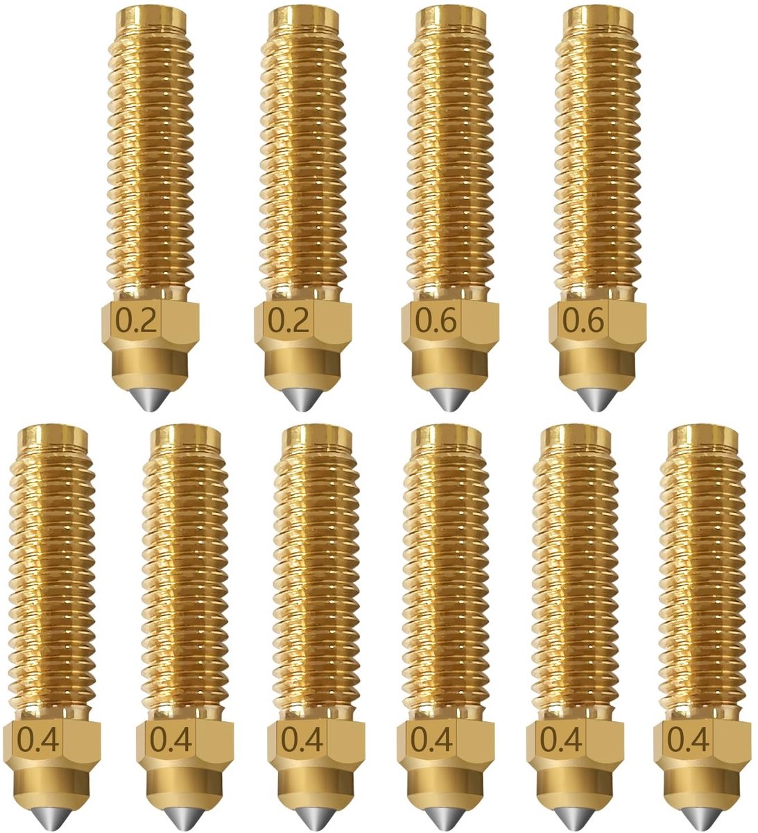 Dailygoods- Spuitmonden 10 Stuks - Messing Geharde Stalen Spuitmonden - 0,2 mm/0,4 mm/0,6 mm - Originele Hot-End Sproeiers - Slijtvast - Superieure Warmtegeleiding - 3D-printer Mondstukken