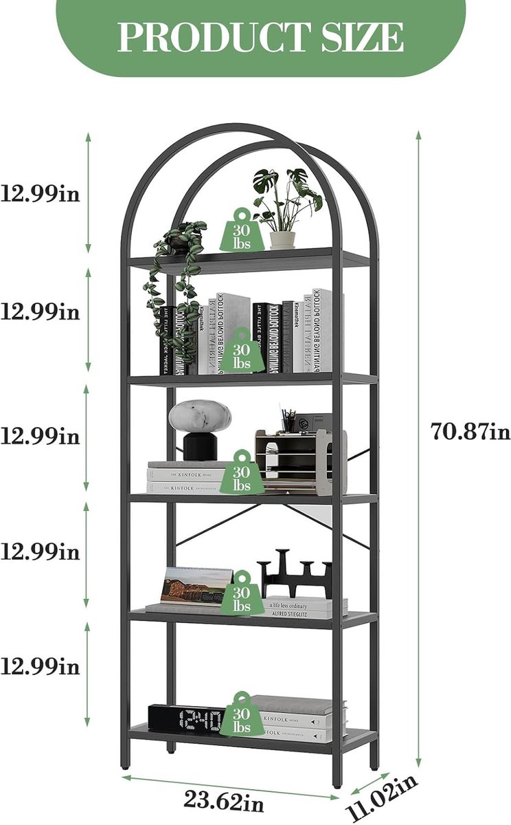 Triumpunre Boekenplank- gebogen boekenplank met 5 planken- hoge plank voor cd's/boeken- opbergplank voor thuis of op kantoor- moderne boekenplank voor slaapkamer/woonkamer- moderne stijl- zwart