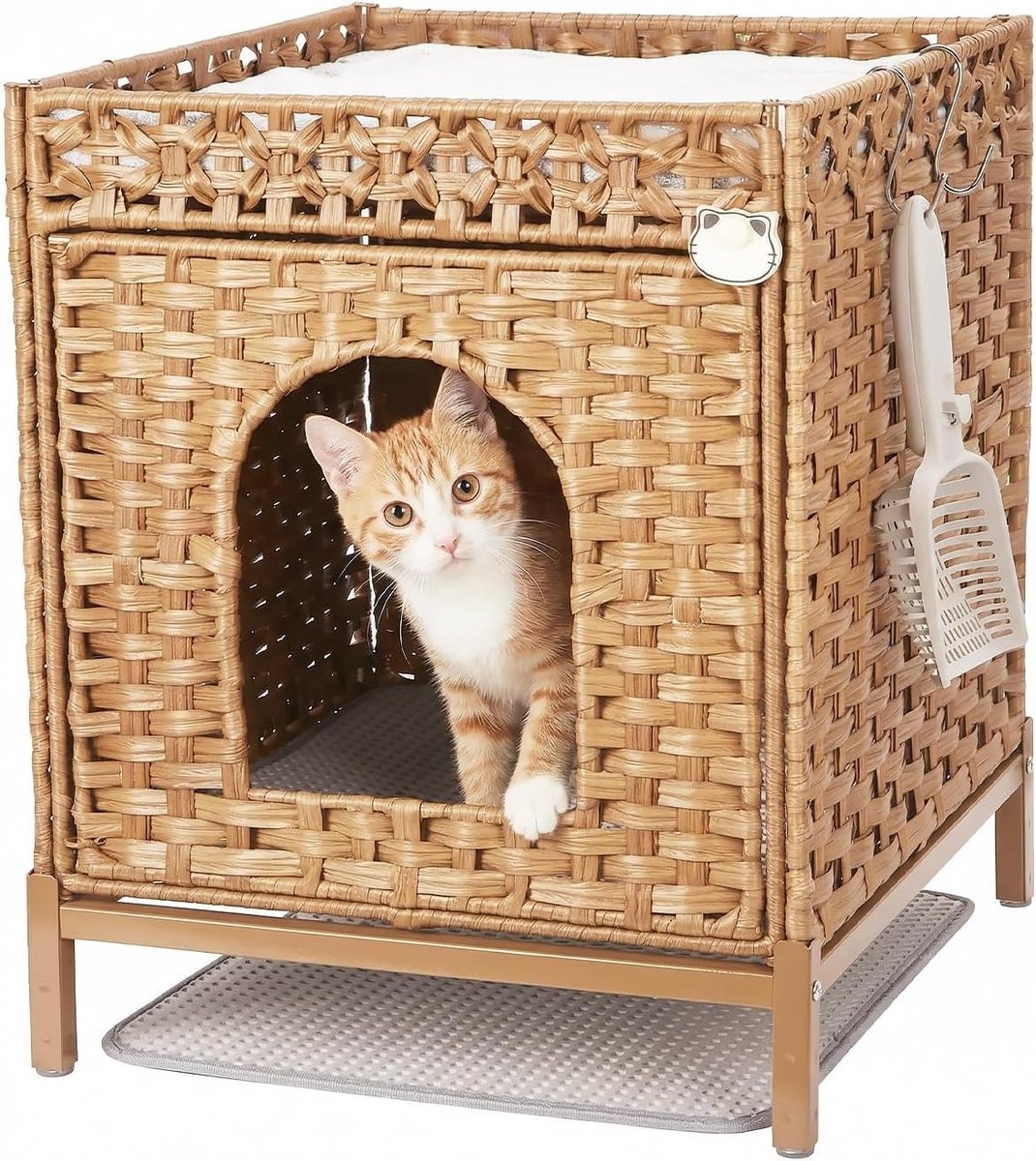 Kattenbakombouw Rotan - Verborgen Kattenbak Meubel met Metalen Poten - Stijlvol Kattenhuis - Handgeweven - Naturel van HOERFURIY