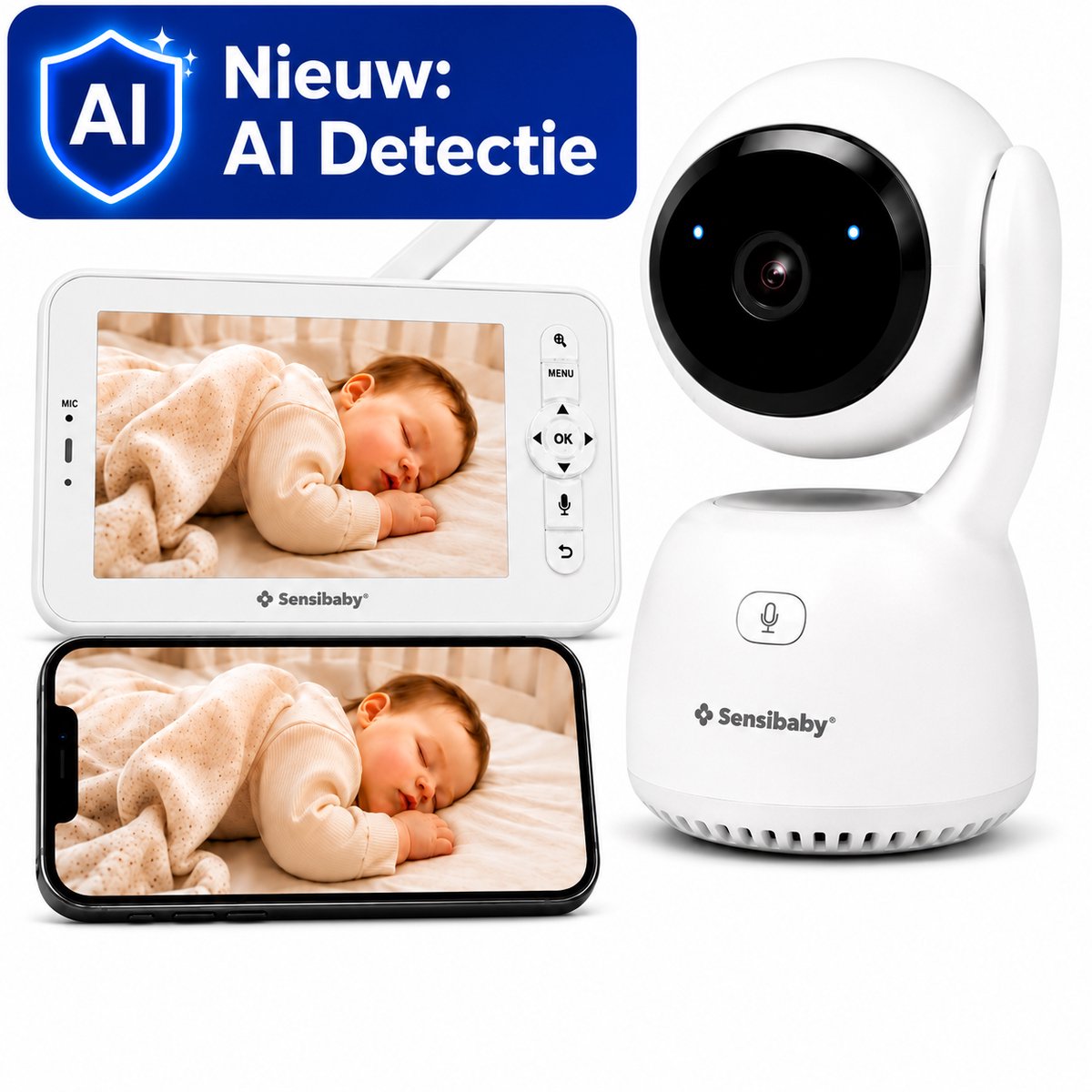 Babyfoon met Camera en App - AI Meldingen bij Huilen, Gezichtsbedekking en Buikligging - QHD Camera - Nachtzicht - 64GB SD-kaart - Baby Monitor - Sensibaby