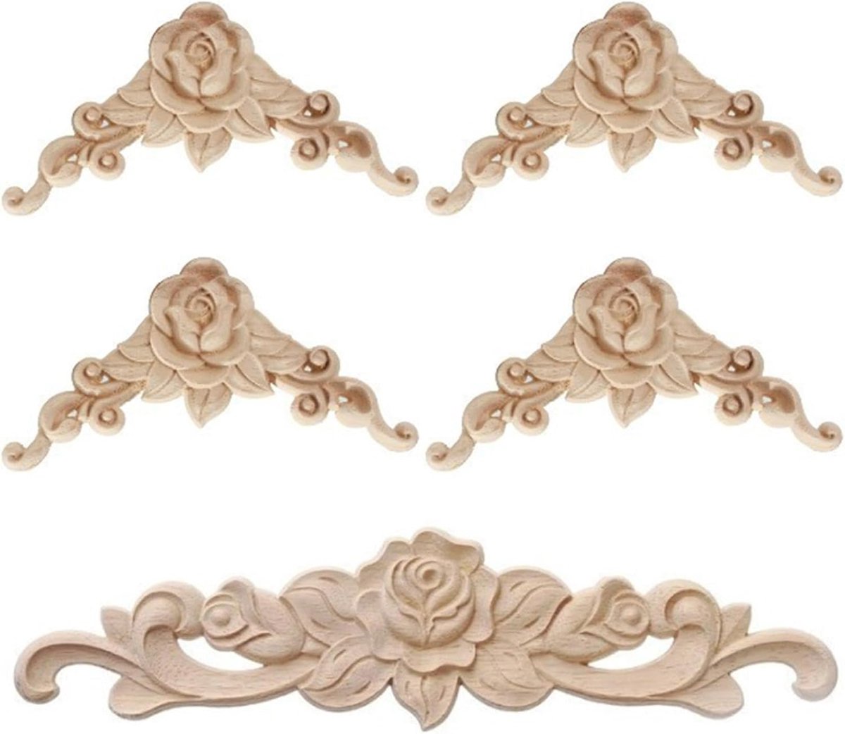 Houten Sierornamenten Set - Appliqués Meubels - Meubels Decoreren - Fijn Uitgesneden Details - 5 Stuks - Houtkleur