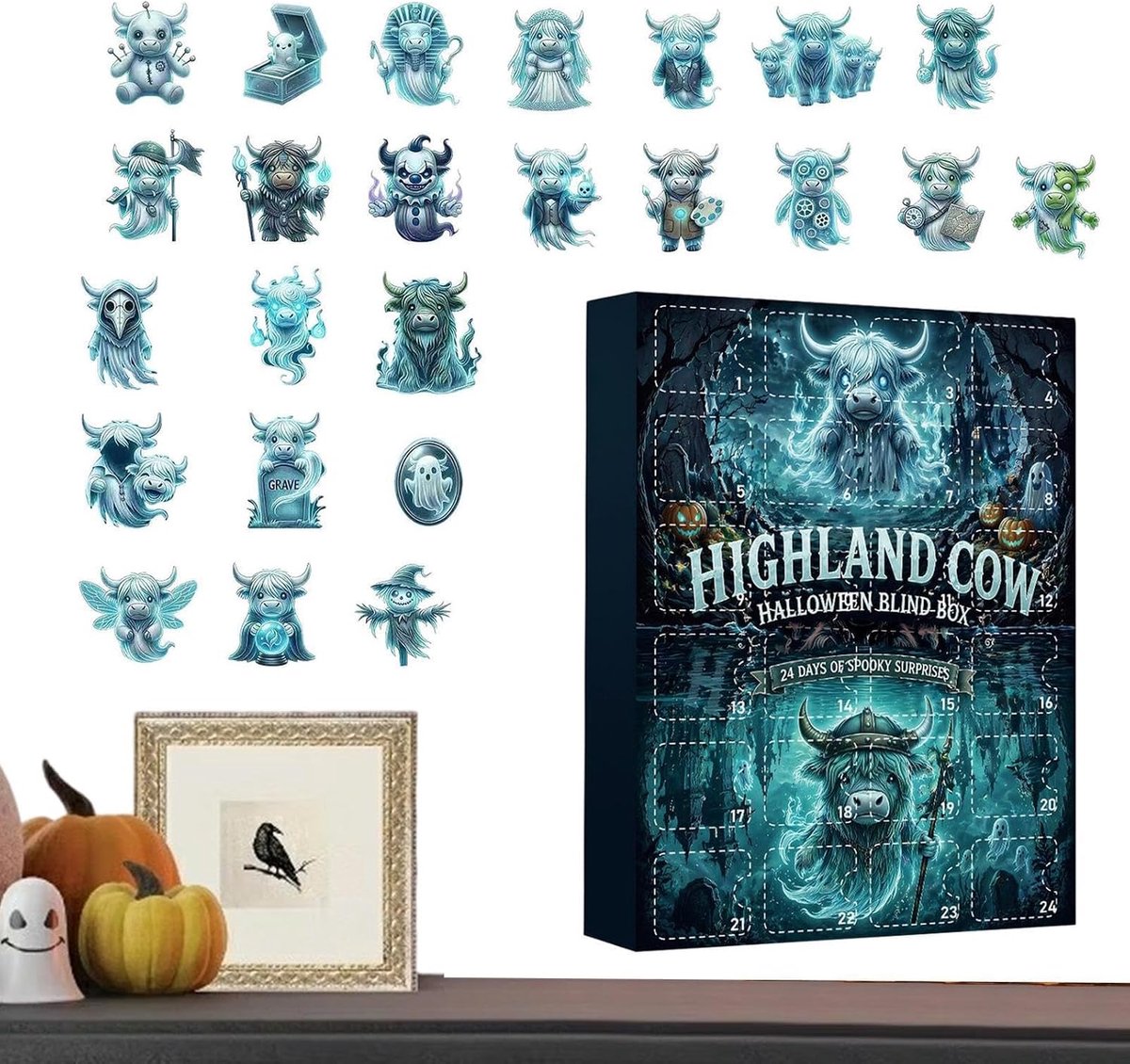 Koe speeltjes aftelkalender 24 stuks - griezelige 2D acryl ornamenten - spookachtige Halloween decoratie - ShopVlot