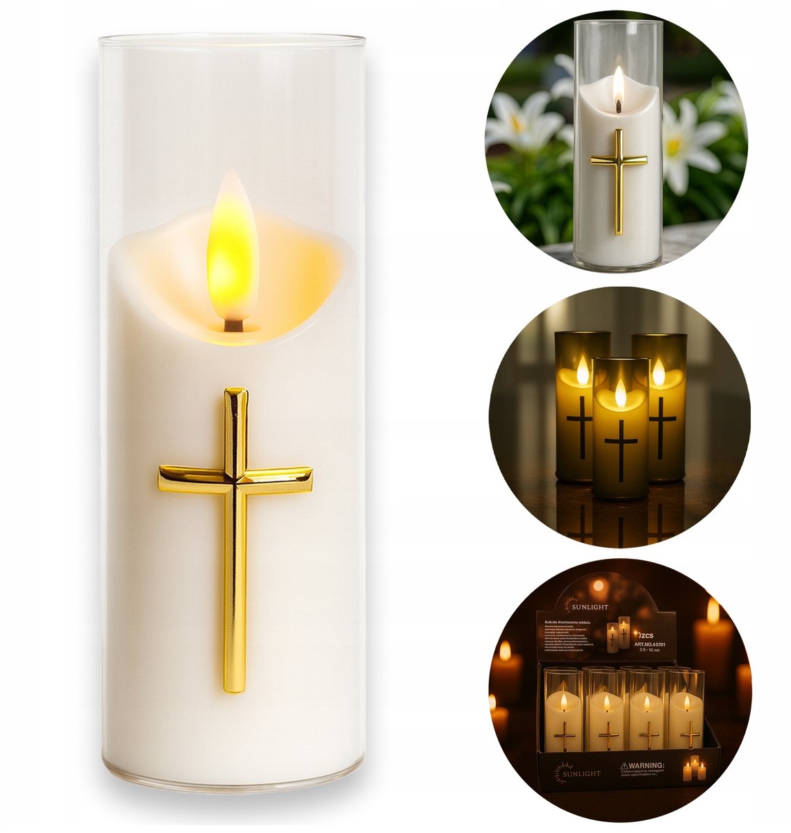 Merkloze LED Grafkaars met Kruis - Warm Licht, Batterijgevoed