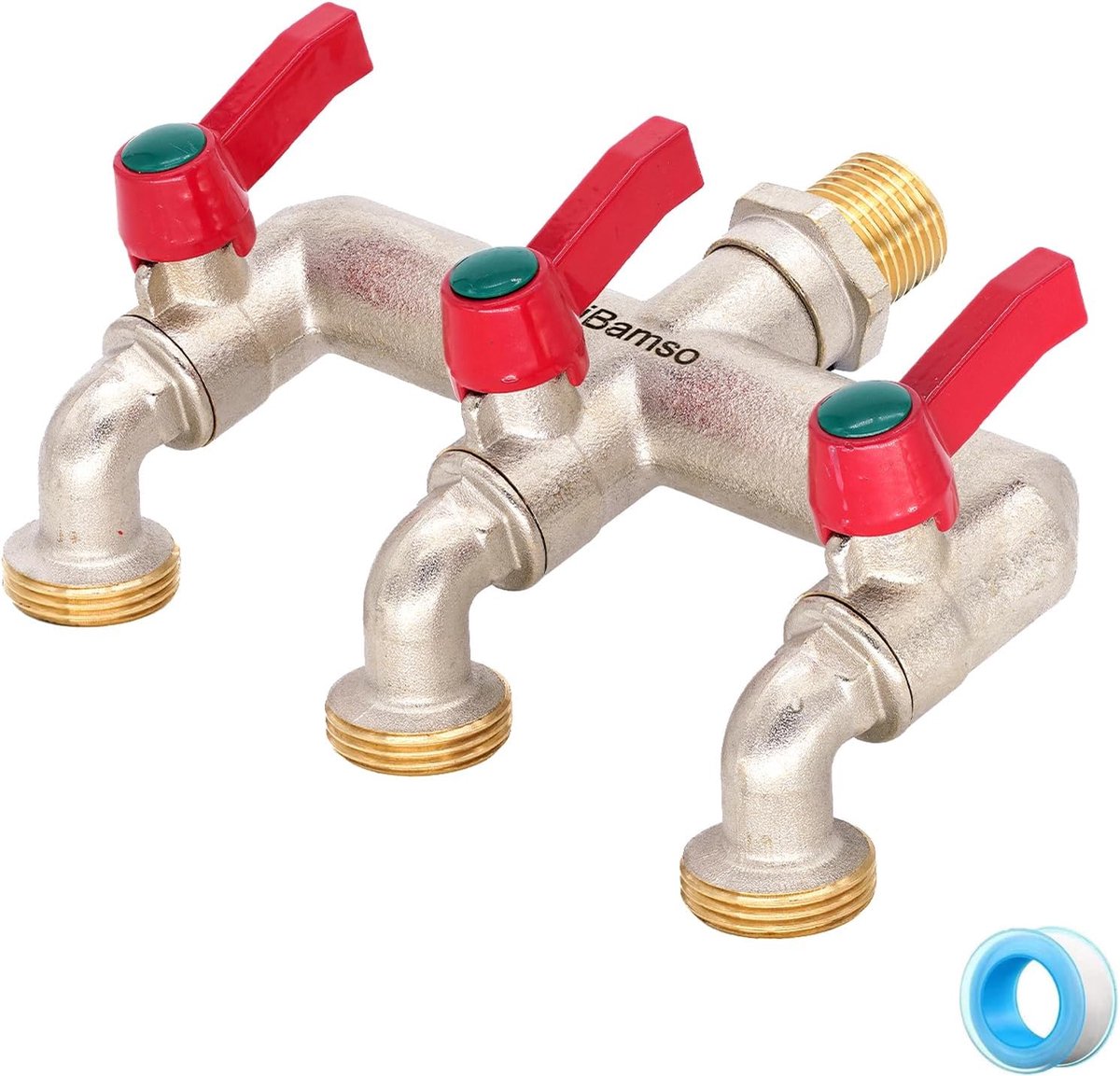 3-weg waterkraan splitter 1/2" - messing - met 3/4" uitgangen - ideaal voor meerdere slangen - ShopVlot