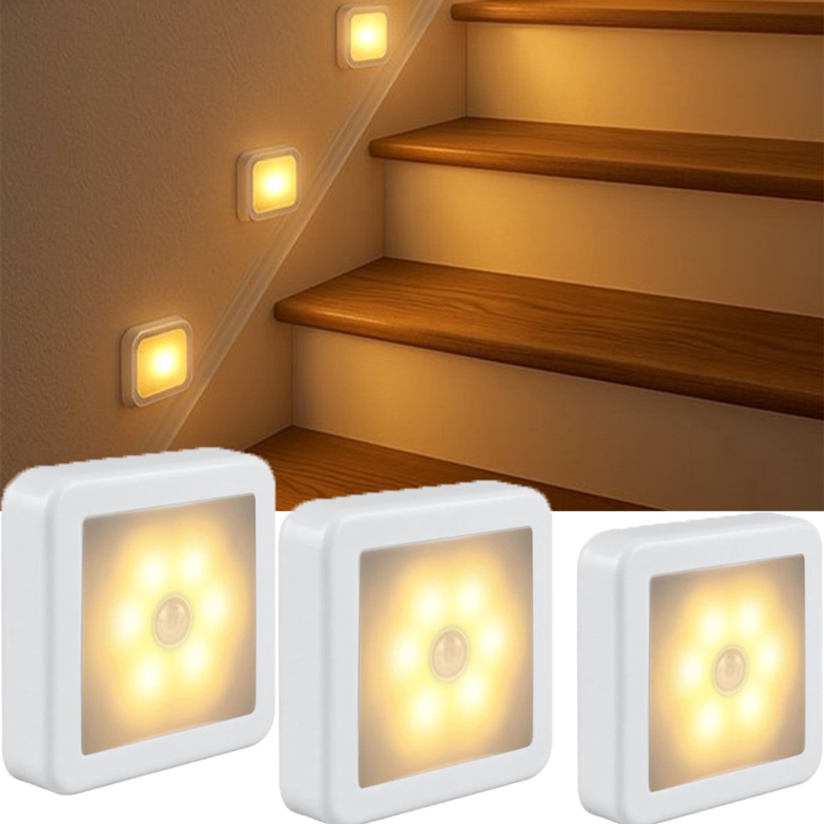 KZQ 3-pack draadloos LED bewegingssensor nachtlampje - Batterijgevoed en plakbaar - Veilig voor trap kast slaapkamer badkamer en keuken - Warm wit