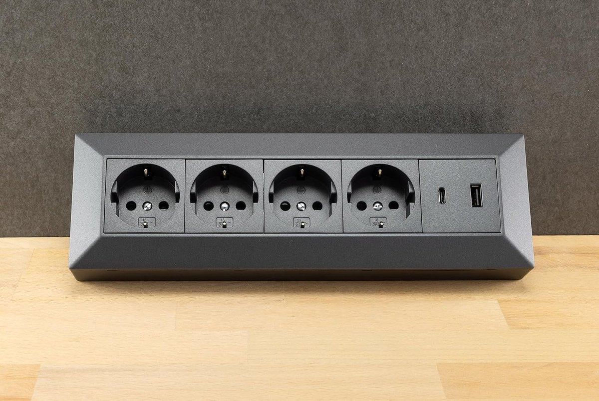 Stekkerblok 4-voudig met USB-A & USB-C - antraciet - 250V~/16A - snel opladen voor smartphone en tablet - ShopVlot