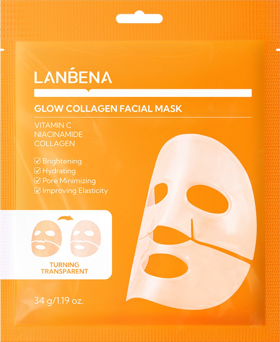 LANBENA Glow Collagen Facial Mask – Collageen Sheet Mask met Vitamine C & Niacinamide – Hydraterend Gezichtsmasker – 34 g