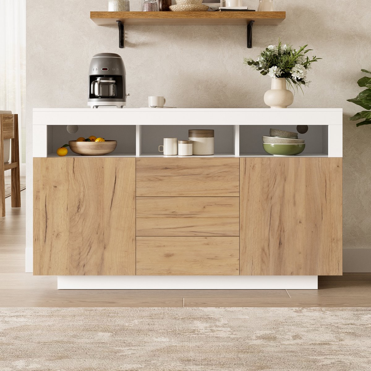 VVBV Dressoir 140x40x85 cm - Opbergruimte, 3 Lades, 3 Planken, 2 Deuren - Wit/Naturel, Spaanplaat