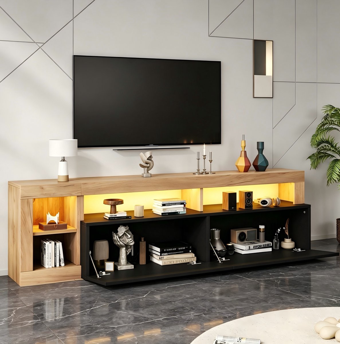 DESMIU TV Meubel - LED Verlichting En Opbergvakken - Modern Voor Woonkamer En Slaapkamer - Spaanplaat - Zwart En Hout - 184 Cm