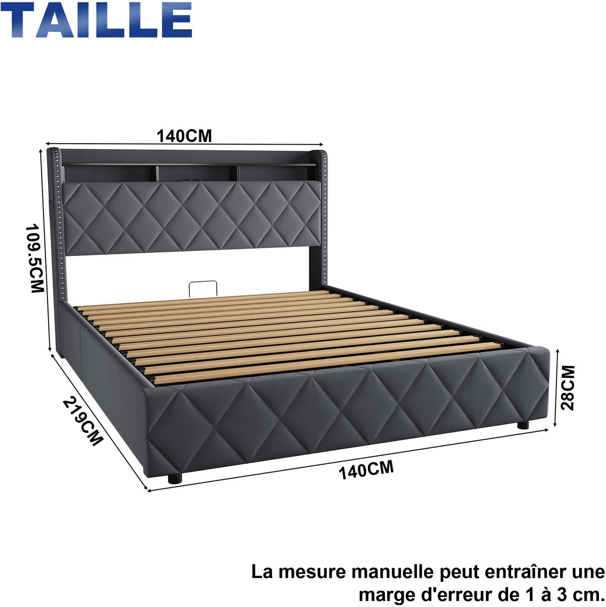 MODFU Gestoffeerd Bed 140x190 cm – 219x140x109,5 cm – Met LED, hydrauliek & opbergruimte – Grijs – Incl. lattenbodem