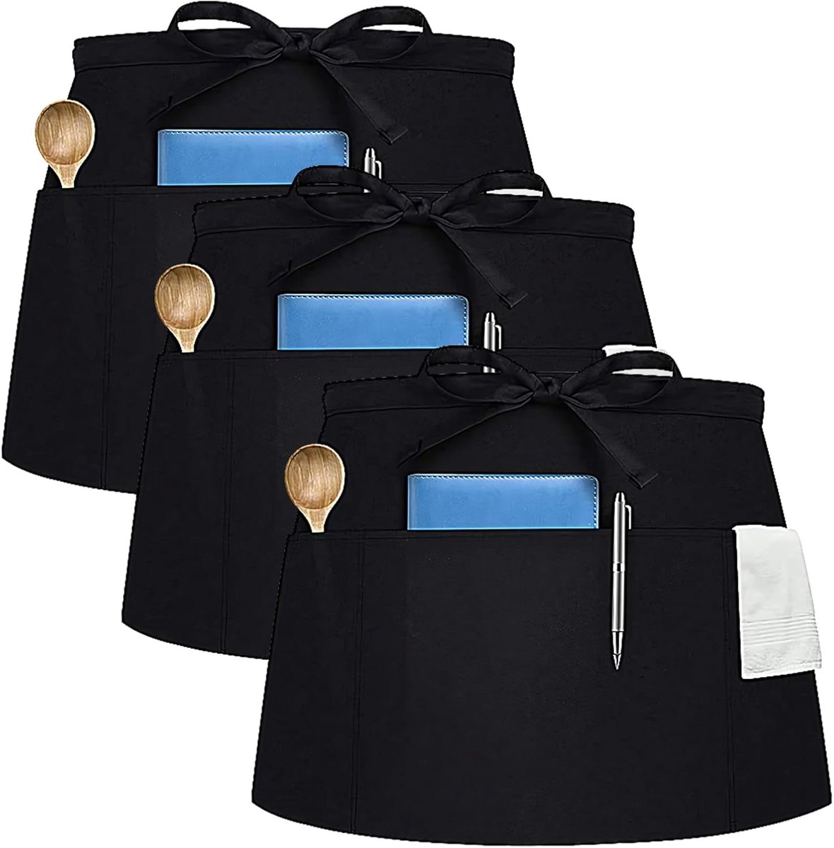 Keuken schorten 3-pack - zwart waterdicht - met 3 zakken - ideaal voor in de keuken - SnelShoppen