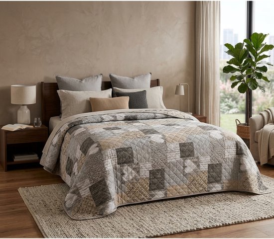 Tweepersoonsbed met patchwork sprei in bruin-, grijs- en beige tinten, met kussens en een plant.