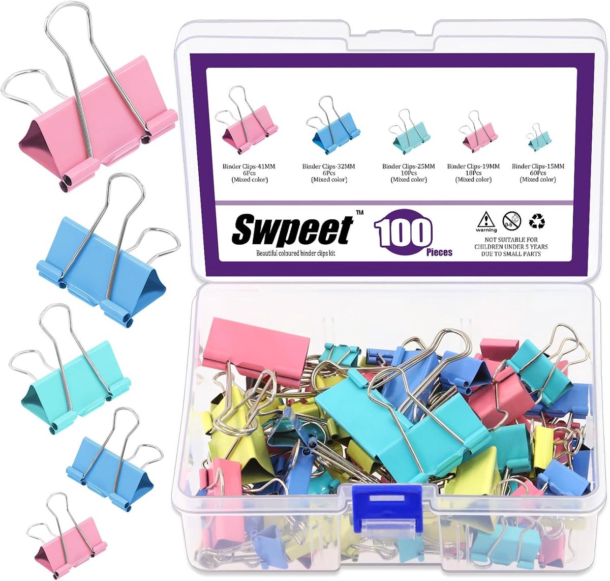 Binderclips 100 Stuks Kleurvol - 5 Maten - Metalen Clips - Perfect voor Kantoor en School - SnelShoppen