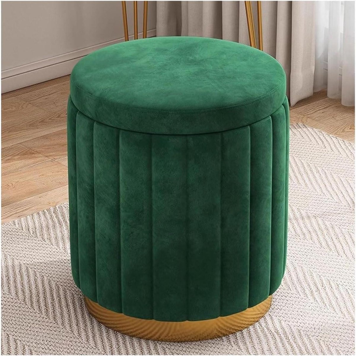 Ronde Ottomaanse Poef - Voetenbank met Opbergruimte - Woonkamer Decoratie - Met Goudkleurige Basis - 34x34x43 cm - Groen